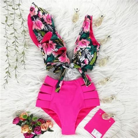 Maillot De Bain Nouveau Bikini Fleuri Volants Bikini Ensemble Femmes Col En V Taille