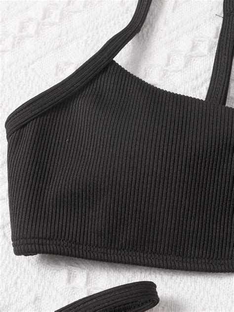 SHEIN X Rosalinda Cannavò SHEIN Swim Basics Ribbed Bikini Set Adjustable Strap Cami Top Tie