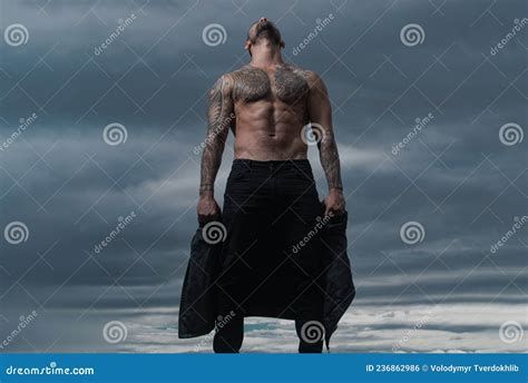 Strong Muscular Male Body Muscles Guy Fashion Male Model With Leather Jacket Gay Stock Photo