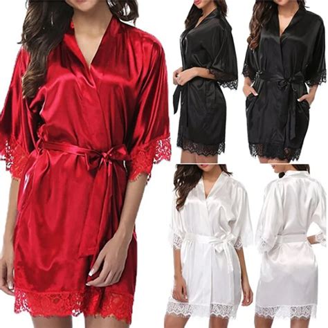 New Hot Sexy Lingerie New Satin Lace Black Kimono Intimate Sleepwear Robe Sexy Night Gown Women