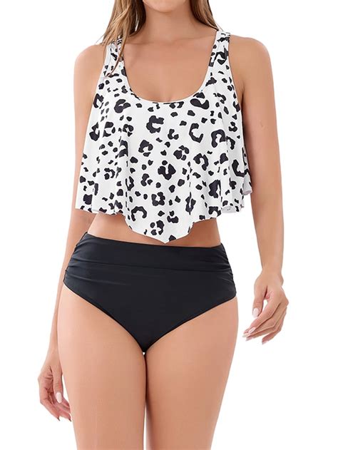 Prettady Women S Ruffle Bikini Swimsuit High Waisted Bottom Plus Size Swimwear Tankini White Xl