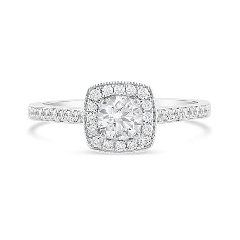 White Gold Bead Set Cushion Halo Diamond Engagement Ring Ecali