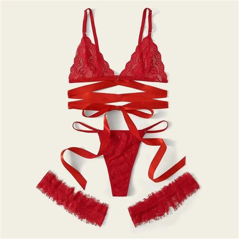Women Lace Sexy Lingerie Set Hollow Lace Up Sexy G String Bra Thongs