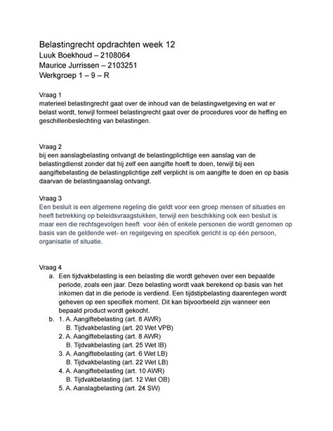 Belastingrecht Opdrachten Week 12 Vraag 2 Bij Een Aanslagbelasting