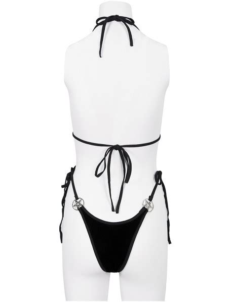 Devil Fashion Black Gothic Pentagram Velvet Halter Two Piece Bikini Set DarkinCloset