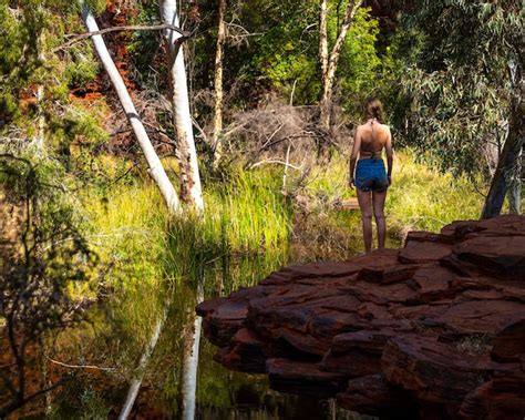 Premium Photo Beautiful Girl In A Bikini Stands On Red Rocks Above A River In A Canyon In