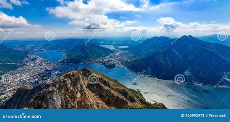 Panoramic View Of Lake Como With The Alps And Bellagio Village Stock