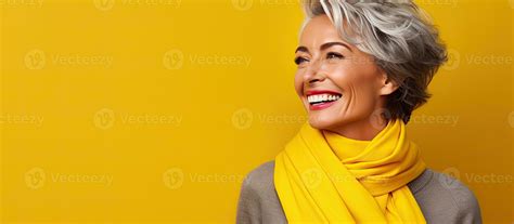 Smiling Mature Woman Posing Outdoors Against Yellow Background Copy Space Stock Photo