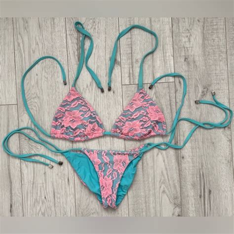 Beach Bunny Swim Beach Bunny Lace Turquoise Pink Side Tie Bikini Xl Top S Scrunch Back