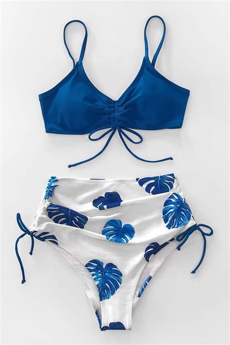 Blue And Palm Print High Waisted Bikini