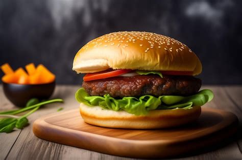 Premium Ai Image A Hamburger With Lettuce And Tomato On A Wooden Board