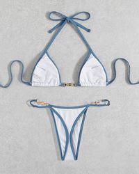 Contrast Binding Halter Micro Triangle White Color Bikini Swimsuit Two Pieces Sexy Bikini Girls