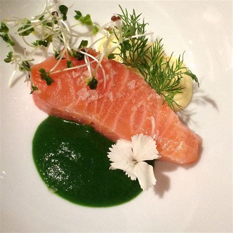 salmon mi cuit  watercress puree  lemon curd oc