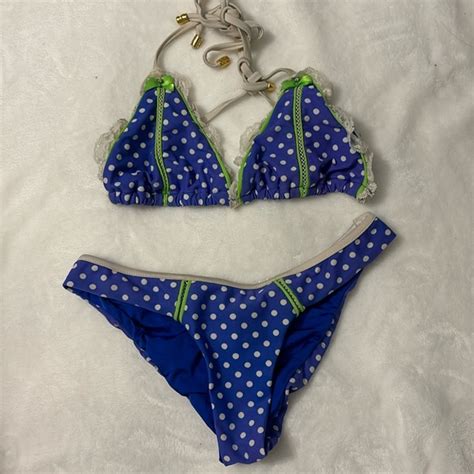 Swim Beach Bunny Blue White Polka Dot Bikini With Lace Lime Green