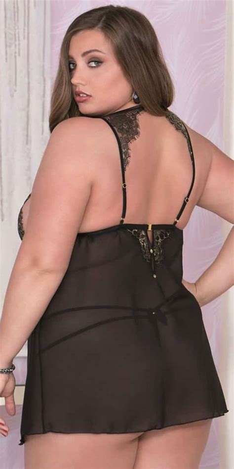 Plus Size Black Eyelash Lace Mesh Babydoll With G String Sexy Lingerie