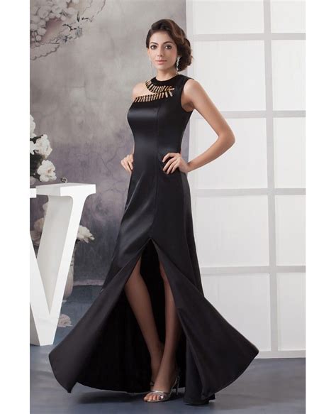 A Line One Shoulder Floor Length Satin Evening Dress With