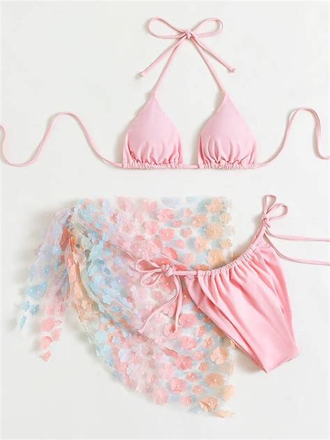 Shein Swim Mod Floral Appliques Bikini Set Triangle Bra Thong Bottom