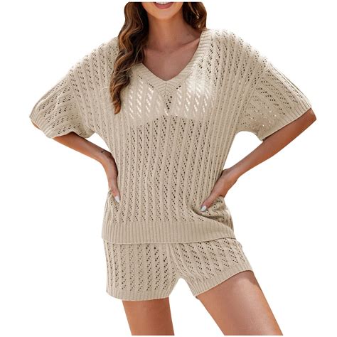 Posijego Women Summer Piece Swimsuit Coverup Hollow Out Knit Short