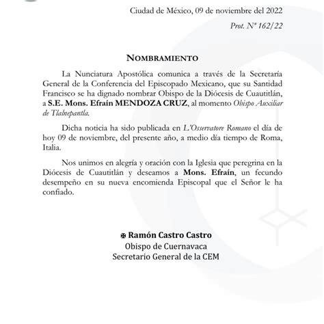 DESDE LA CEM Prot N 162 22 NOMBRAMIENTO DEL OBISPO DE DIOCESIS DE