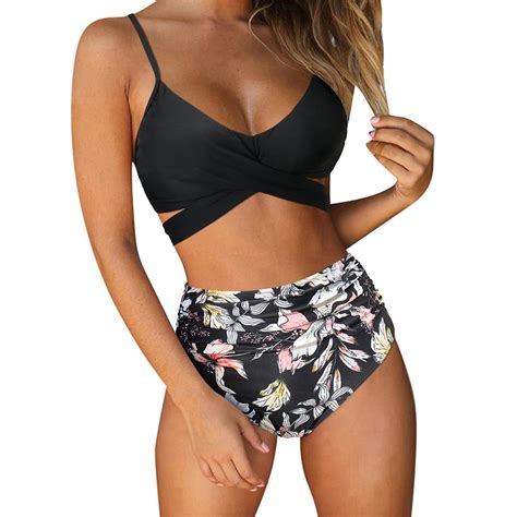 Women High Waisted Bikini Halter V Neck Two Piece Push Up Retro Swimsuits Womens Criss Cross
