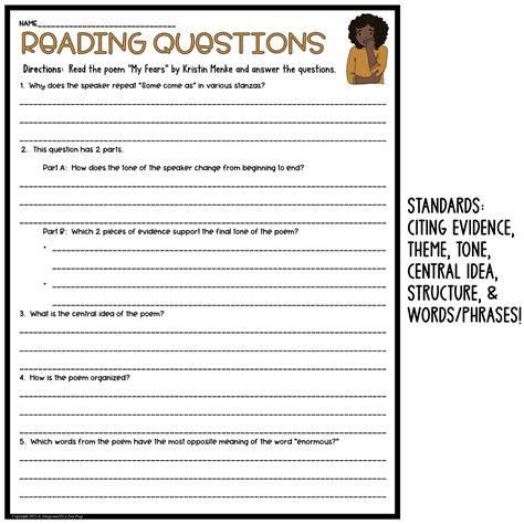 Kid Poetry Activities Worksheets Middle School Poem about Fears Quiz