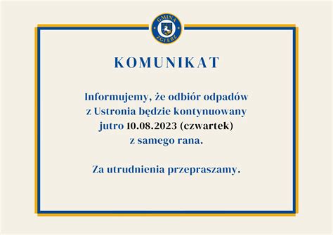 Komunikat odbiór odpadów komunalnych z Ustronia Gmina Zgierz