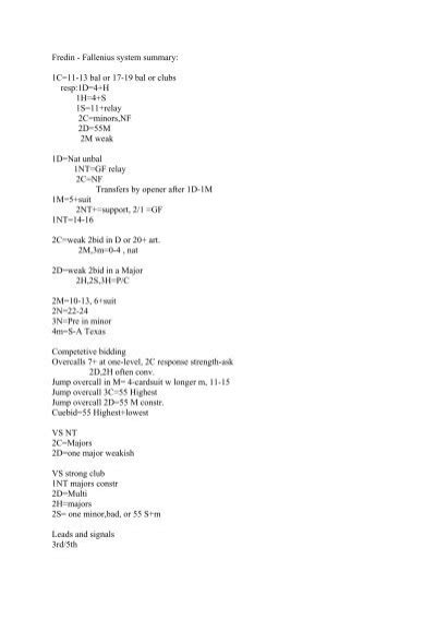 Fredin Fallenius system summary FÃrbundet Svensk Bridge