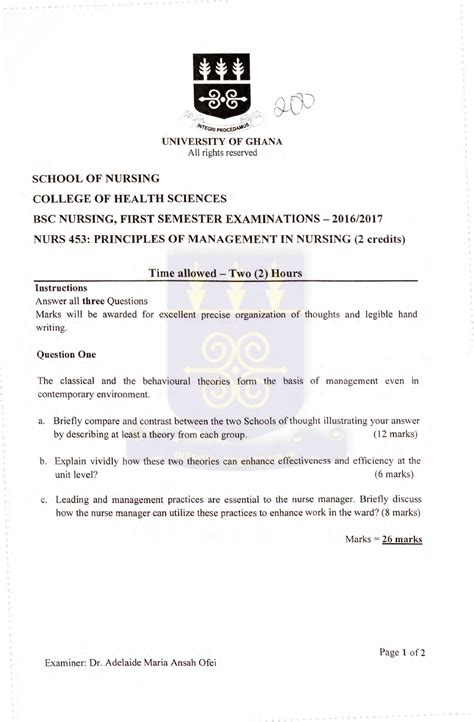 Document - Study quide - SCHOOL OF NURSING UNIVERSITY OF GHANA All