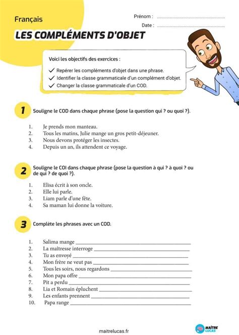 Exercices COD Complément d objet direct pour CM1 CM2 Maître Lucas