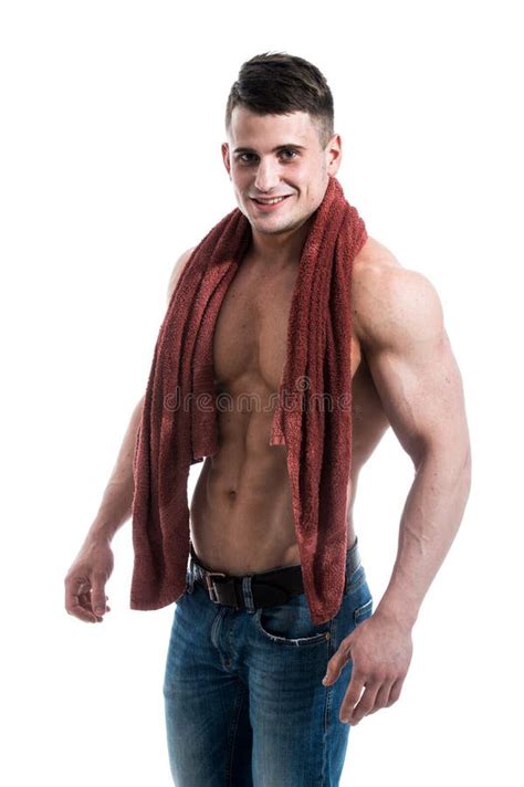 Half Length Portrait Naked Sportsman Towel Isolated White Stock Photos