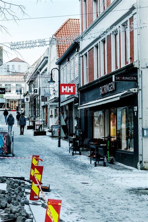 People Walking Around Traditional Historic Old Town Stavanger Editorial