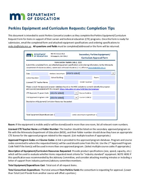 Fillable Online Education Mn Perkins Equipment Request Form Completion