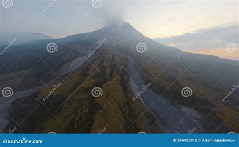 Aerial View Danger Gorgeous Active Erupting Volcano Smoke Steam Crater