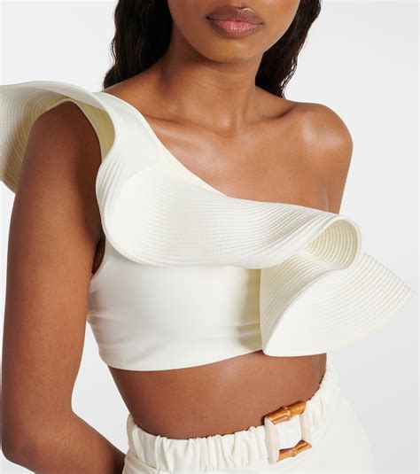 Ruffled One Shoulder Bikini Top In White Johanna Ortiz Mytheresa