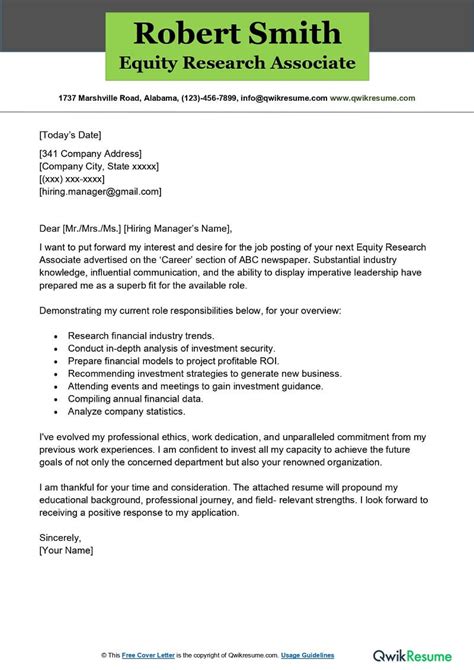 Equity Research Associate Cover Letter Examples Qwikresume