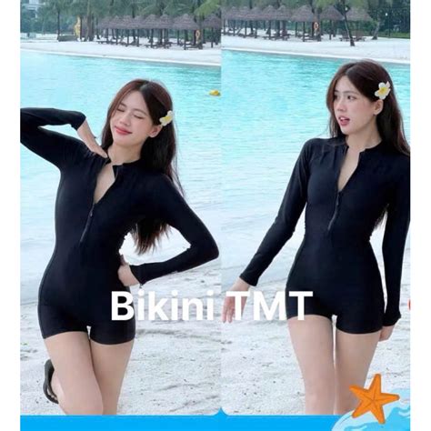 M L Xl Bikini Đồ bơi nữ có tay khóa kéo màu ĐEN FORM SHORT sành điệu kín đáo co dãn thoải mái