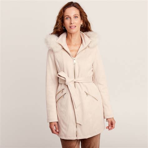 Manteau cintré suédine capuche beige femme Vibs