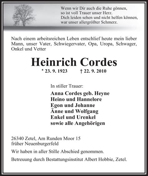 Traueranzeigen Von Heinrich Cordes Nordwest Trauer De