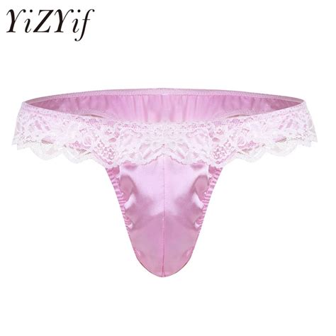 Yizyif Men Sexy Lingerie Lace Shiny Satin Bikini Briefs Underwear Sissy Bulge Pouch Underpants