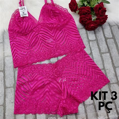 Kit 3 Conjunto Espera Marido PLUS SIZE Lingerie Cropped Calesson Kit 3 Melina Shopee Brasil