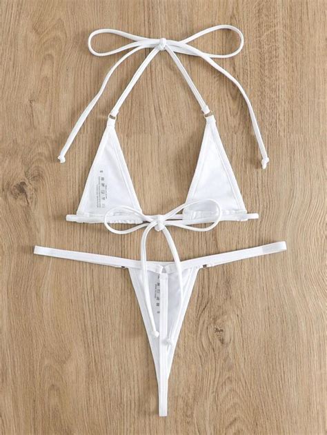 SHEIN Swim SXY Rave Bikini Set Ring Linked Halter Triangle Micro Bra G String Bottom 2 Piece