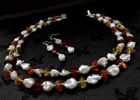 Двухрядное колье из жемчуга и янтаря "Lucia", комплект, жемчуг, янтарь ...