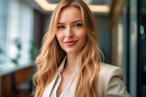 Premium AI Image A Woman With Blonde Hair And A White Shirt Stands In A Hallway