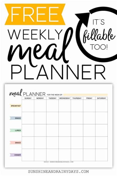 printable weekly meal planner sunshine  rainy days