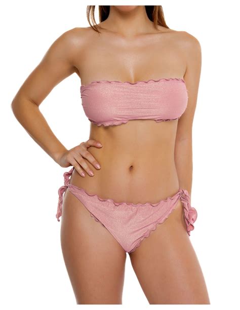 Bikini Fascia Frou Frou Lurex Brillante Con Slip O Brasiliana Rosa Antico