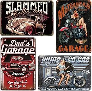 QUMENEY 4PCS Vintage Metal Tin Sign Pin Up Girl Retro Garage Signs Hot Girls Car Tin Metal Wall