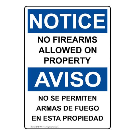 Vertical No Firearms Allowed On Property Bilingual Sign Osha Notice