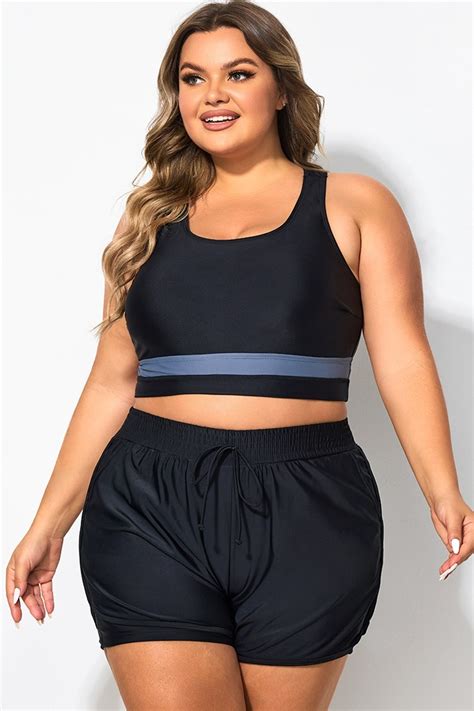 Plus Size Round Neck Black Patchwork Bikini Top Meet Curve Meet Curve