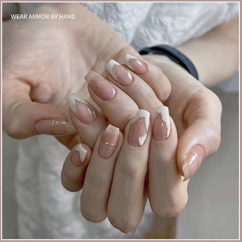 HANDMADEArtificial Nail Simple French Hand Painted Milky White Nude Color With Contrasting