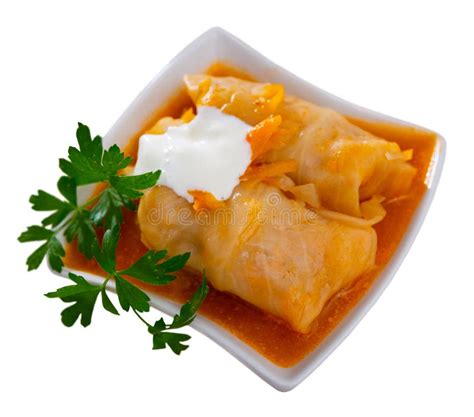 stuffed cabbage rolls served  cream sauce stock photo image